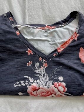 Floral V-Neck Top in Navy with Coral Flowers
